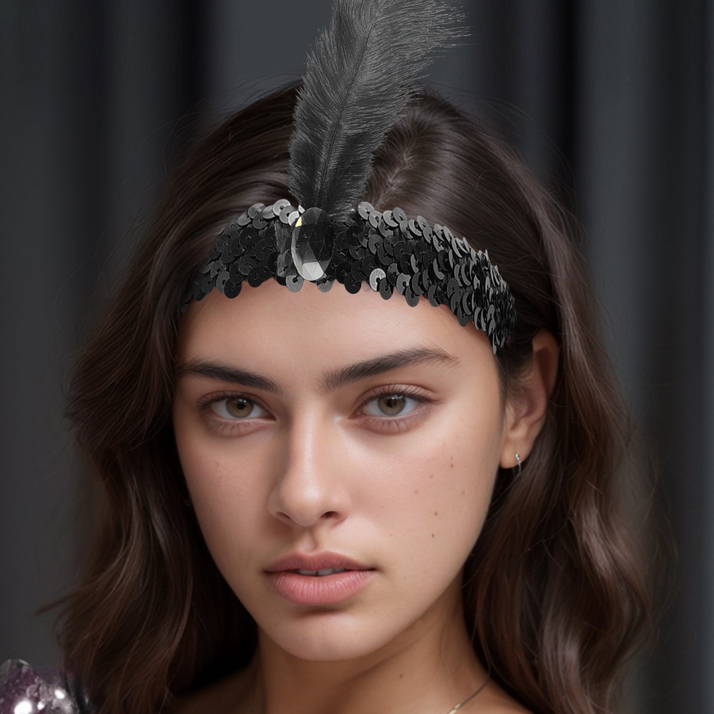 Sequins Faux Diamond Headbands with Feathers for Women Black 1 Pc