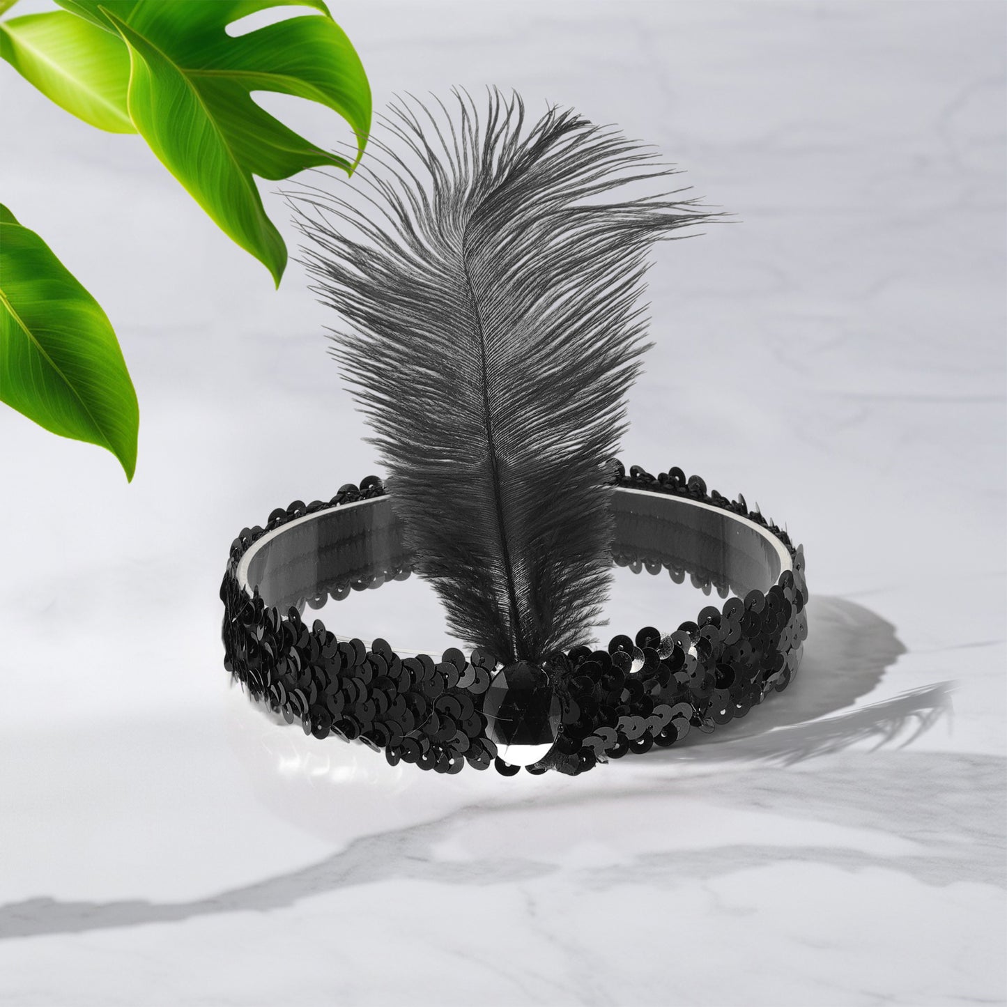 Sequins Faux Diamond Headbands with Feathers for Women Black 1 Pc
