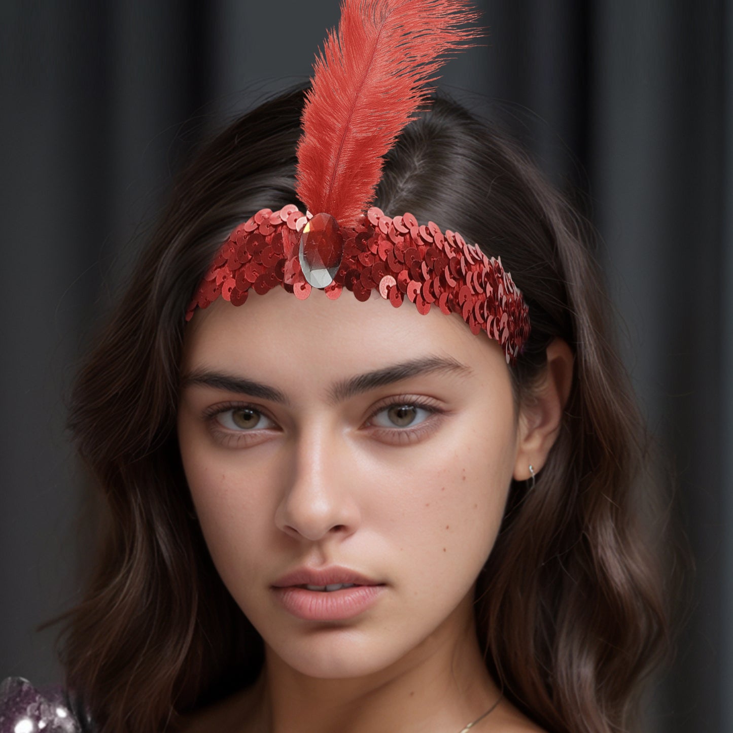 Sequins Faux Diamond Headbands with Feathers for Women Red 1 Pc