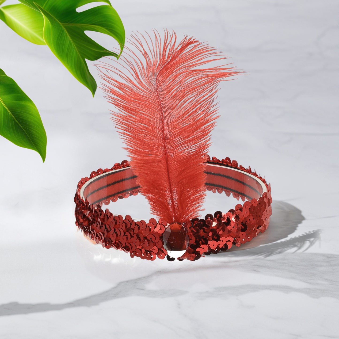 Sequins Faux Diamond Headbands with Feathers for Women Red 1 Pc