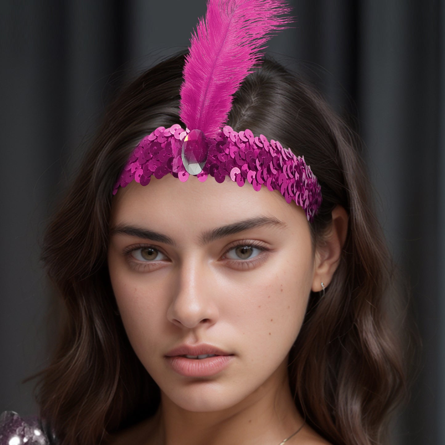 Sequins Faux Diamond Headbands with Feathers for Women Rose Red 1 Pc