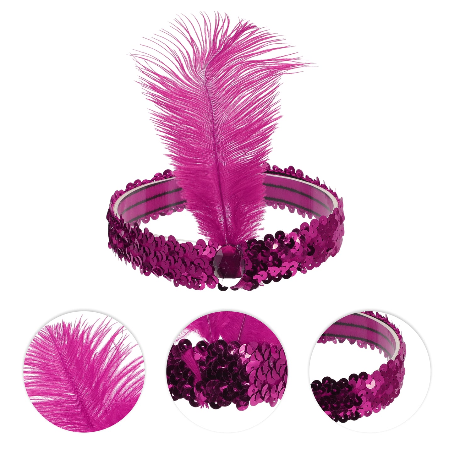 Sequins Faux Diamond Headbands with Feathers for Women Rose Red 1 Pc