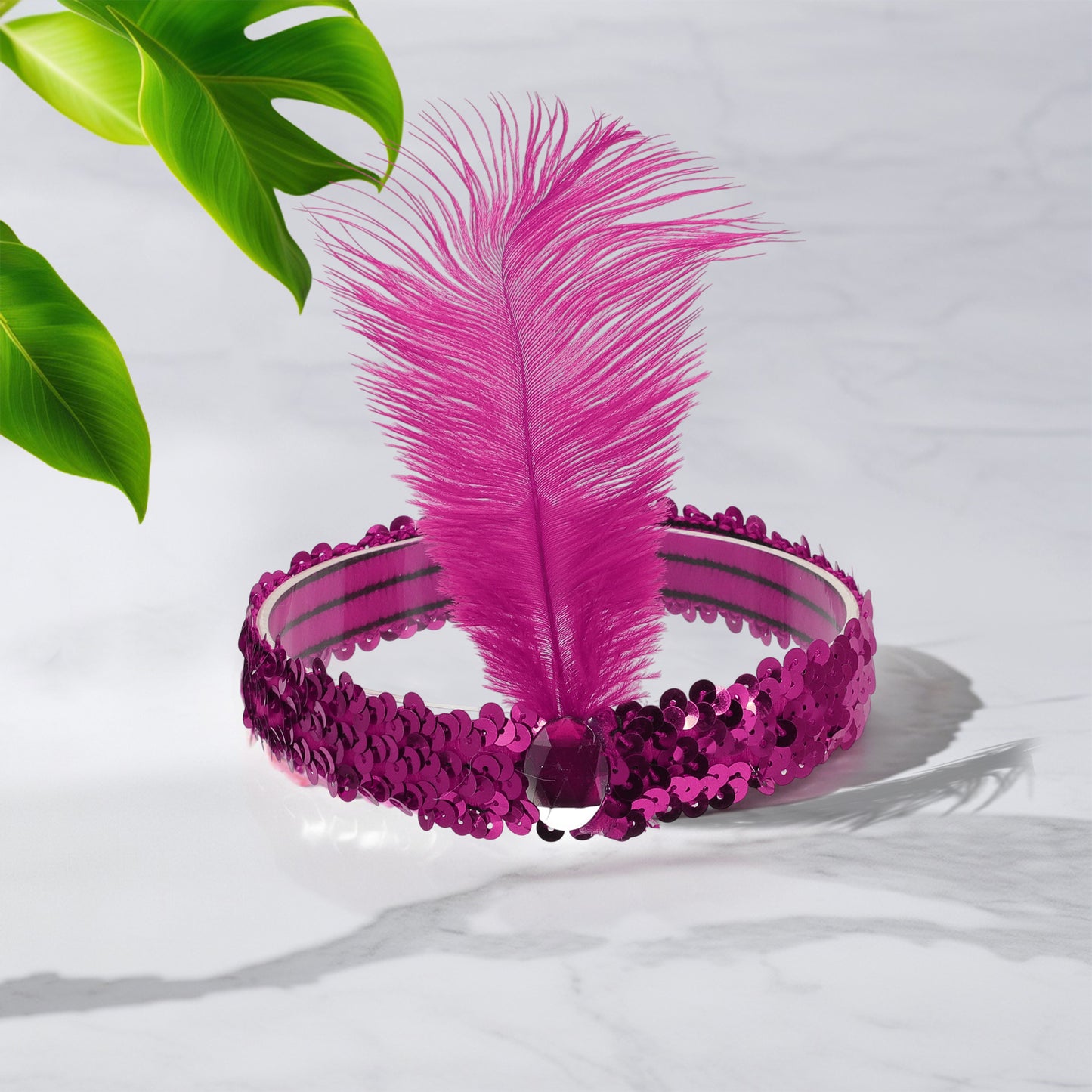 Sequins Faux Diamond Headbands with Feathers for Women Rose Red 1 Pc