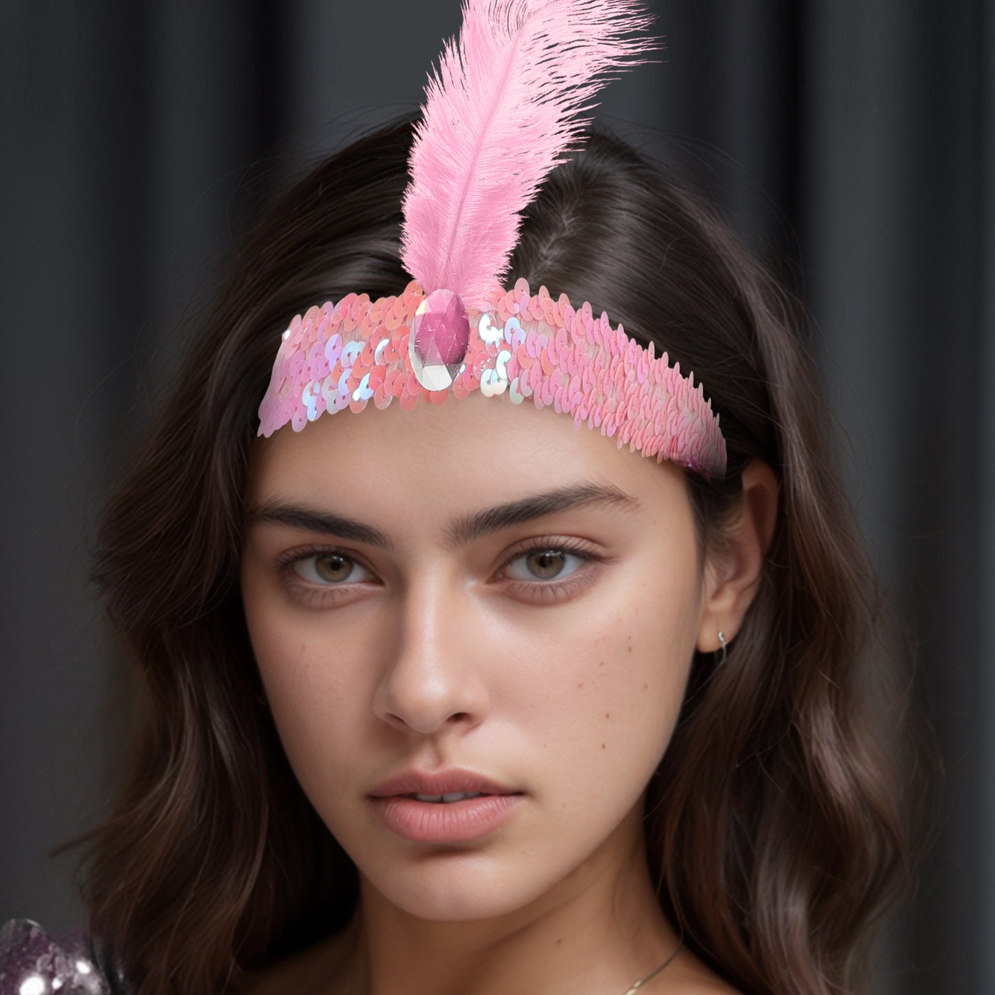 Sequins Faux Diamond Headbands with Feathers for Women Pink 1 Pc