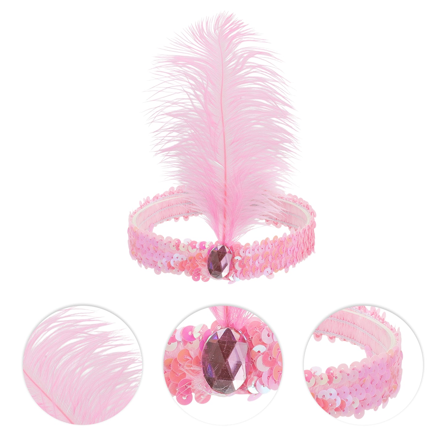 Sequins Faux Diamond Headbands with Feathers for Women Pink 1 Pc