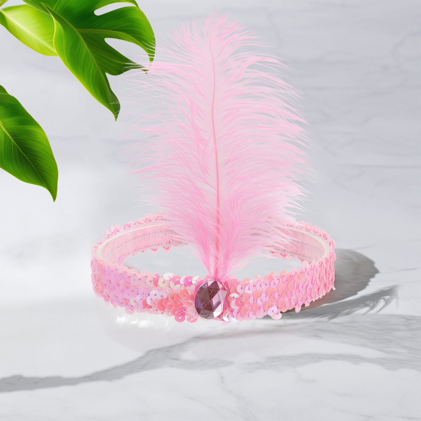 Sequins Faux Diamond Headbands with Feathers for Women Pink 1 Pc