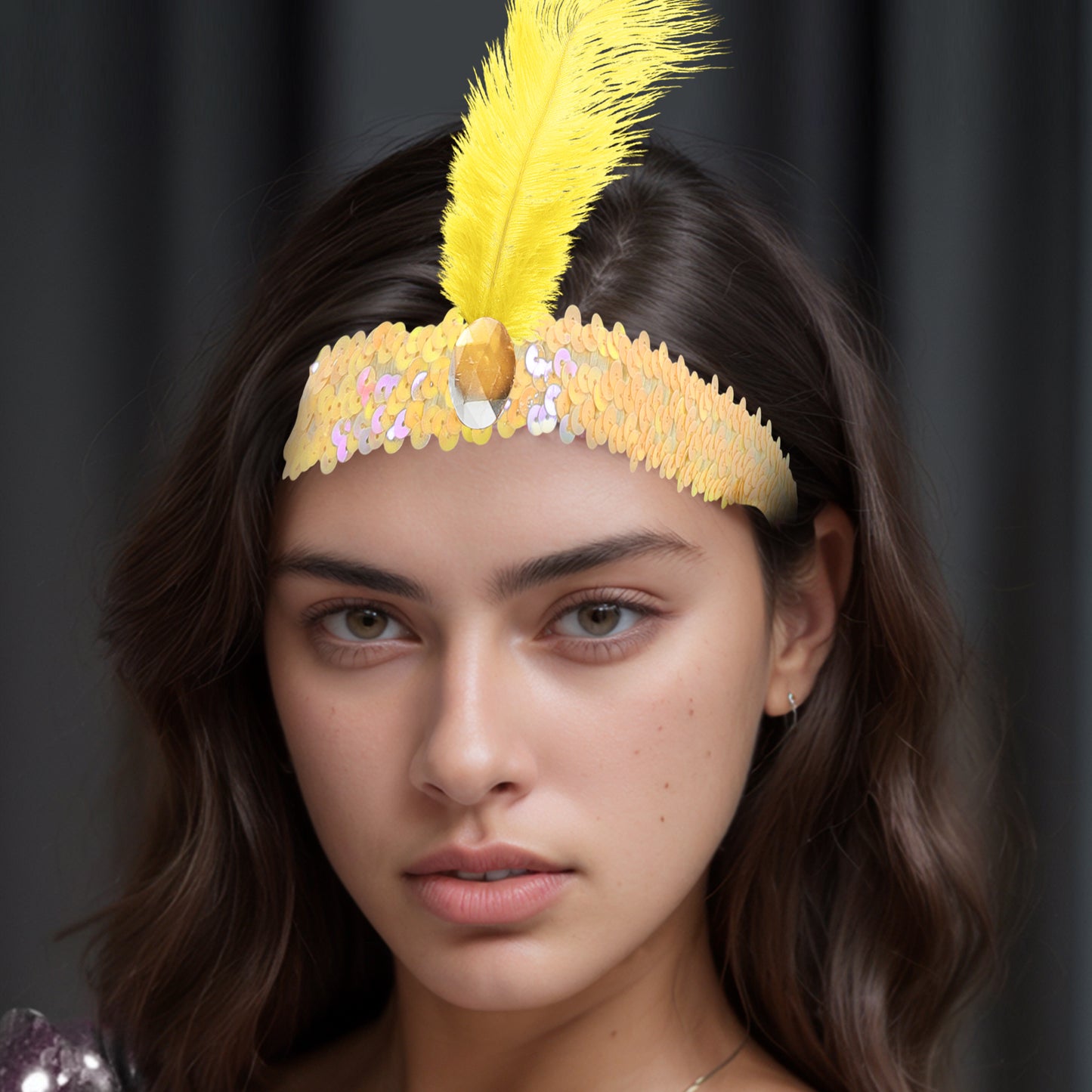 Sequins Faux Diamond Headbands with Feathers for Women Yellow 1 Pc