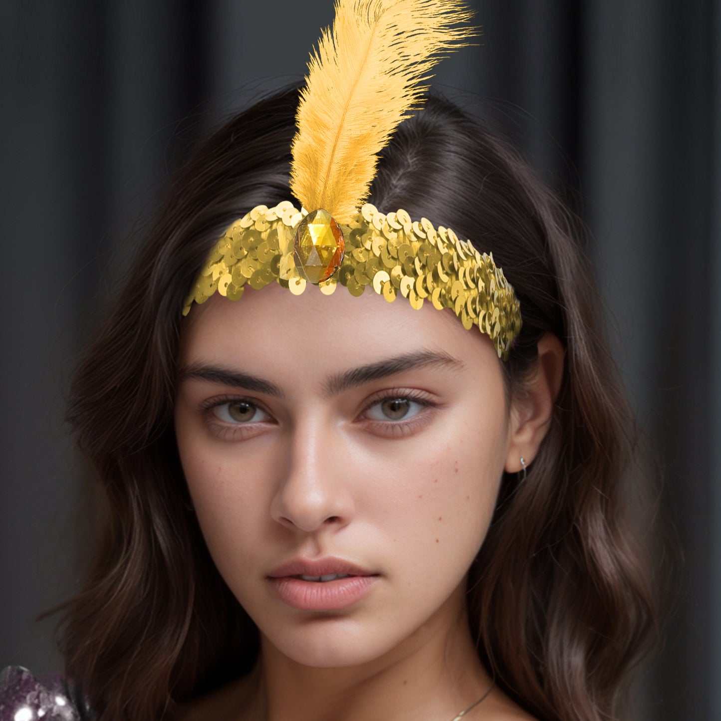 Sequins Faux Diamond Headbands with Feathers for Women Gold Tone 1 Pc