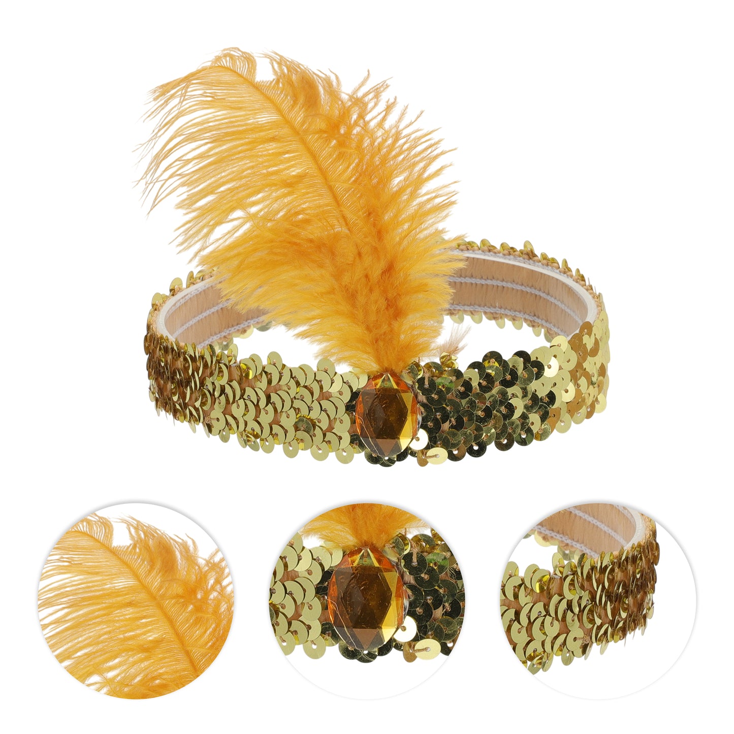 Sequins Faux Diamond Headbands with Feathers for Women Gold Tone 1 Pc