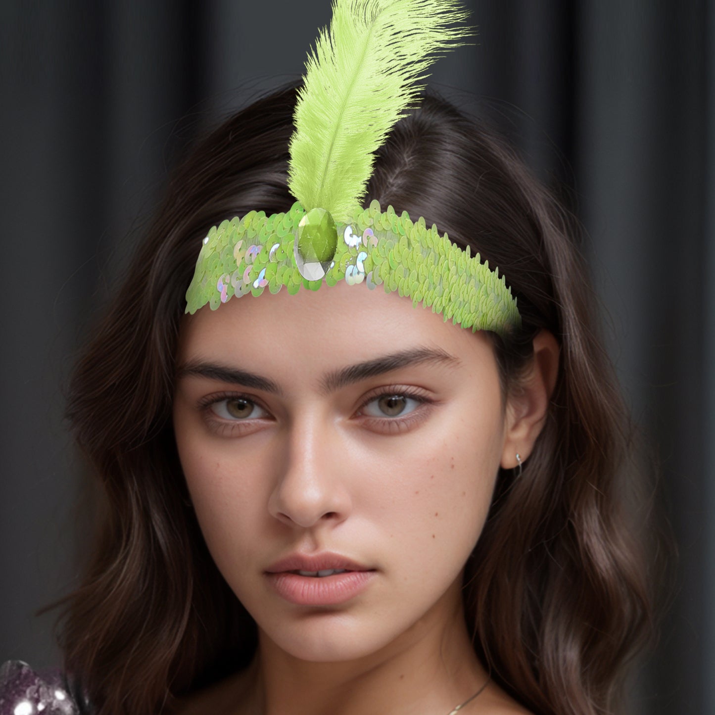 Sequins Faux Diamond Headbands with Feathers for Women Light Green 1 Pc