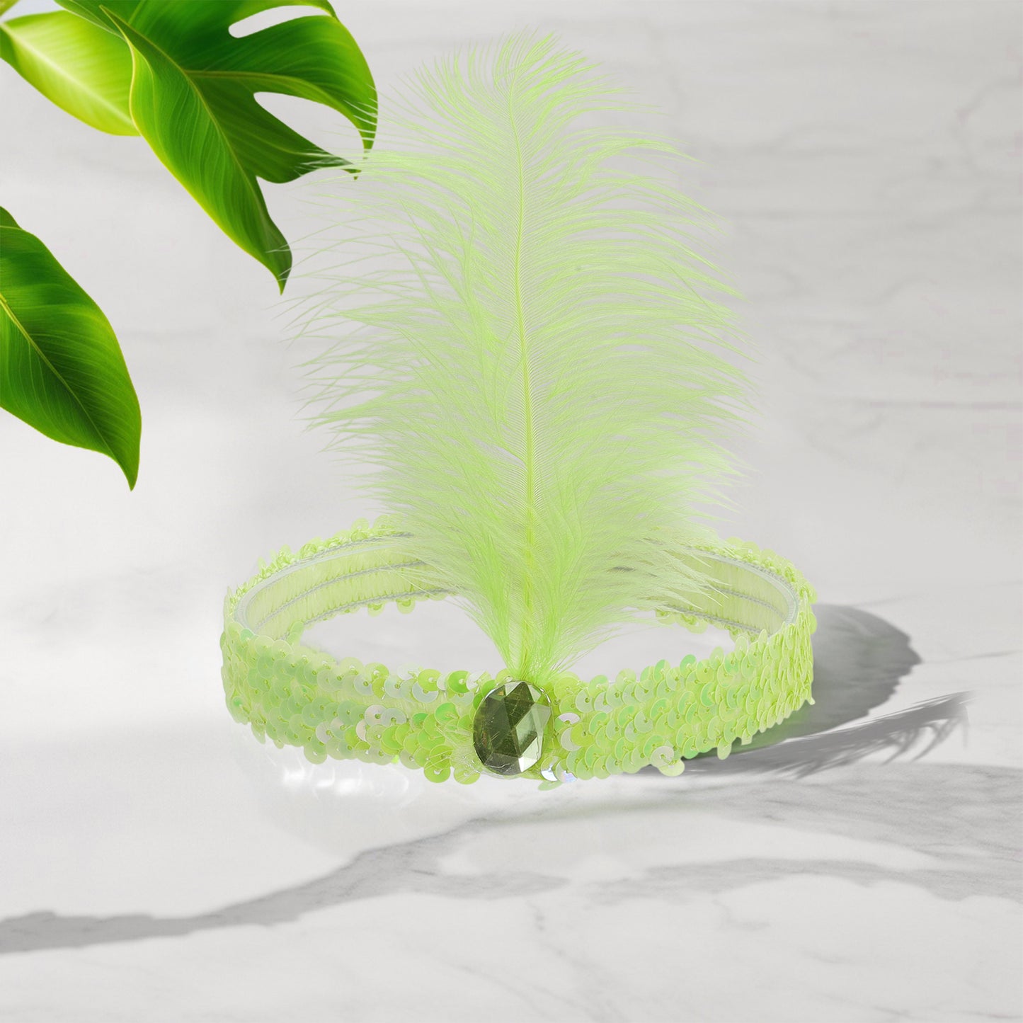 Sequins Faux Diamond Headbands with Feathers for Women Light Green 1 Pc