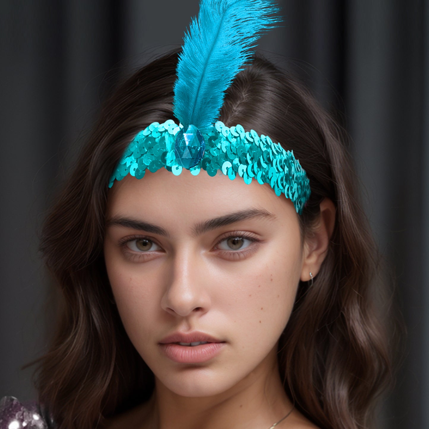 Sequins Faux Diamond Headbands with Feathers for Women Lake Blue 1 Pc