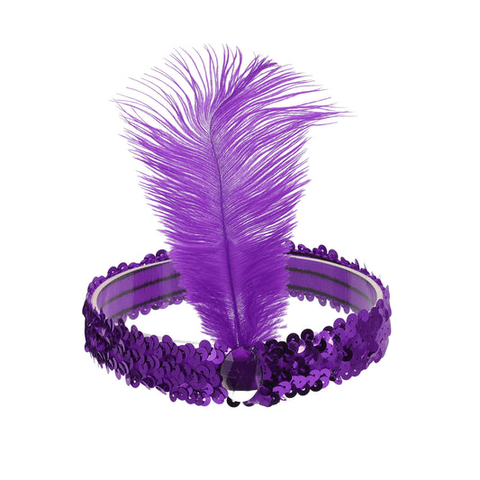 Diademas de lentejuelas con diamantes de imitación y plumas para mujer, color morado oscuro, 1 unidad