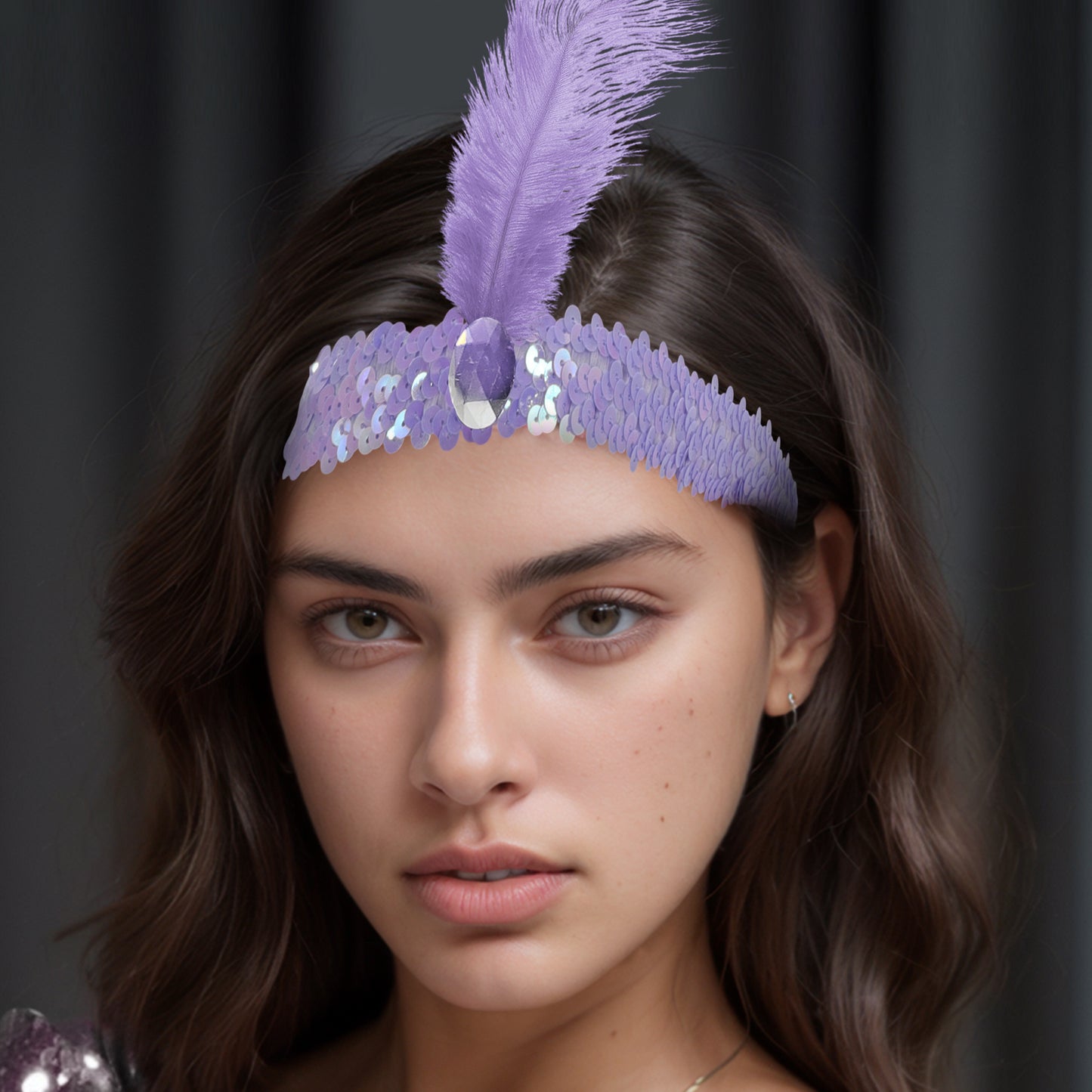 Diademas de lentejuelas con diamantes de imitación y plumas para mujer, color morado claro, 1 unidad