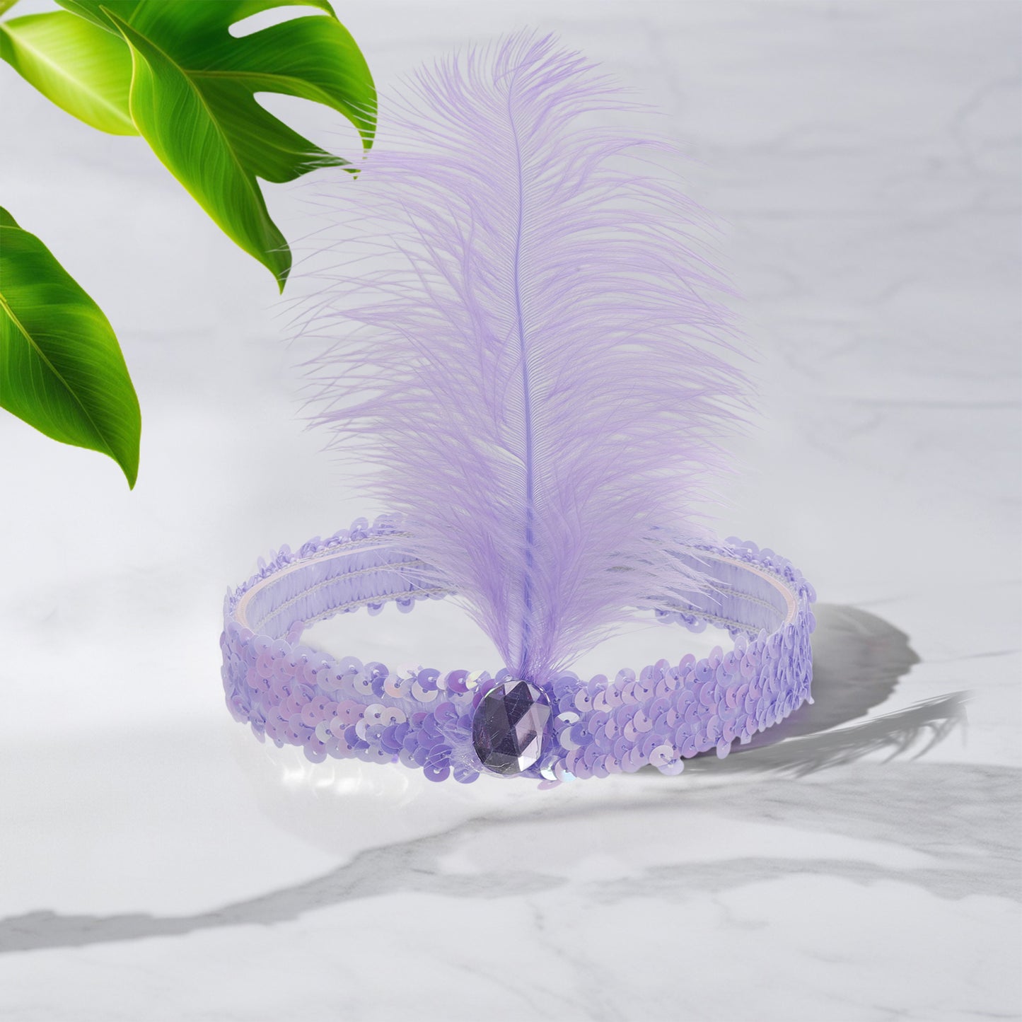 Diademas de lentejuelas con diamantes de imitación y plumas para mujer, color morado claro, 1 unidad