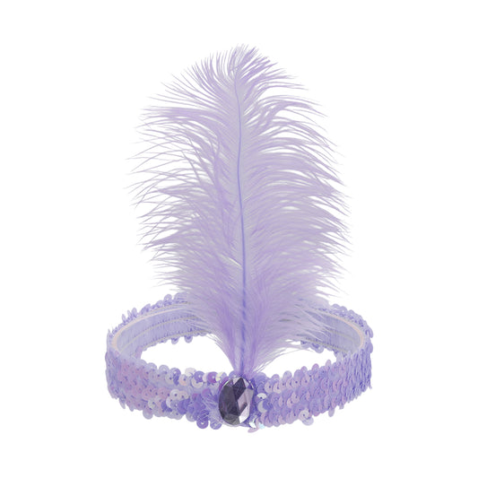 Diademas de lentejuelas con diamantes de imitación y plumas para mujer, color morado claro, 1 unidad