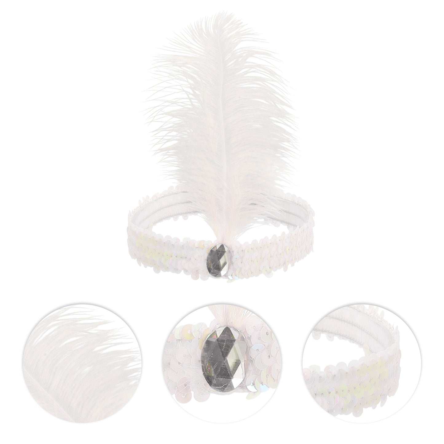 Diademas de lentejuelas con diamantes de imitación y plumas para mujer, color blanco, 1 unidad