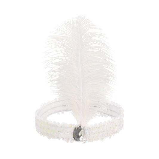 Diademas de lentejuelas con diamantes de imitación y plumas para mujer, color blanco, 1 unidad