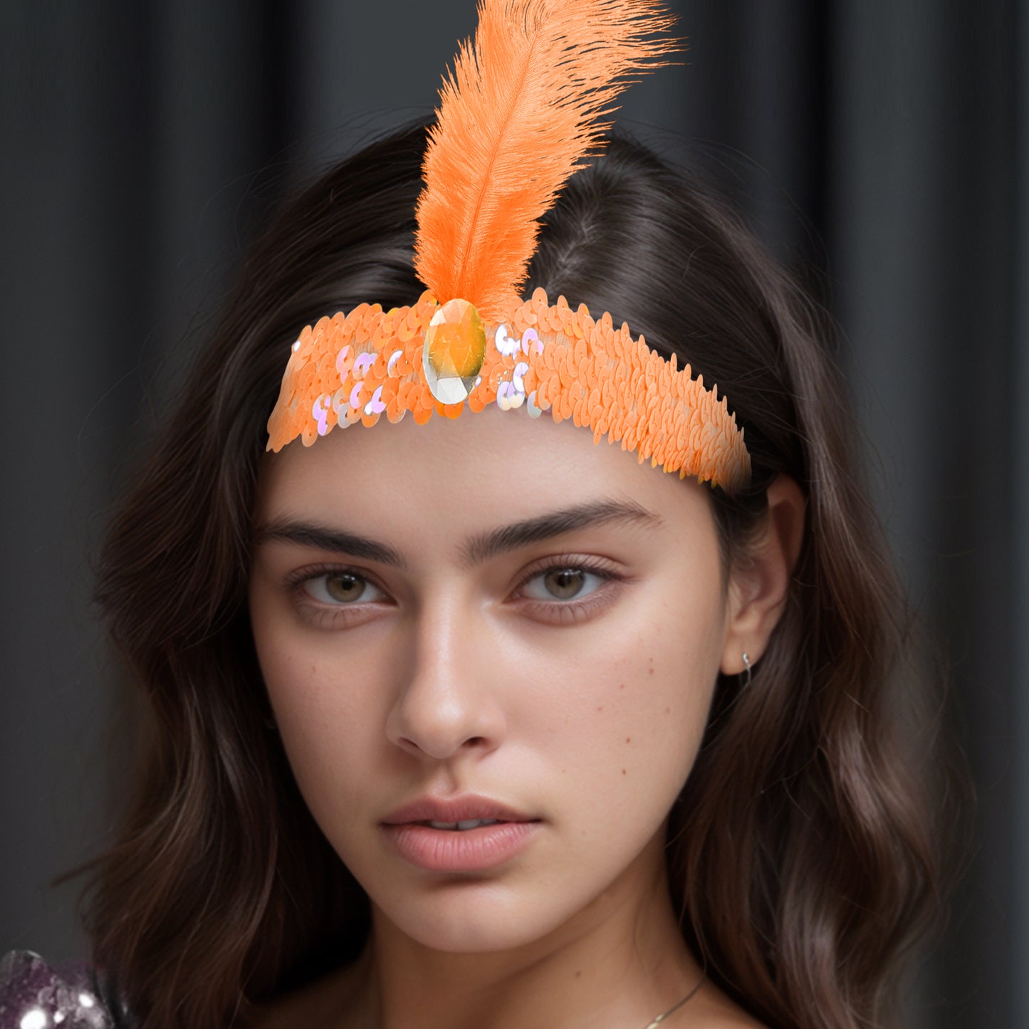 Diademas de lentejuelas con diamantes de imitación y plumas para mujer, color naranja, 1 unidad