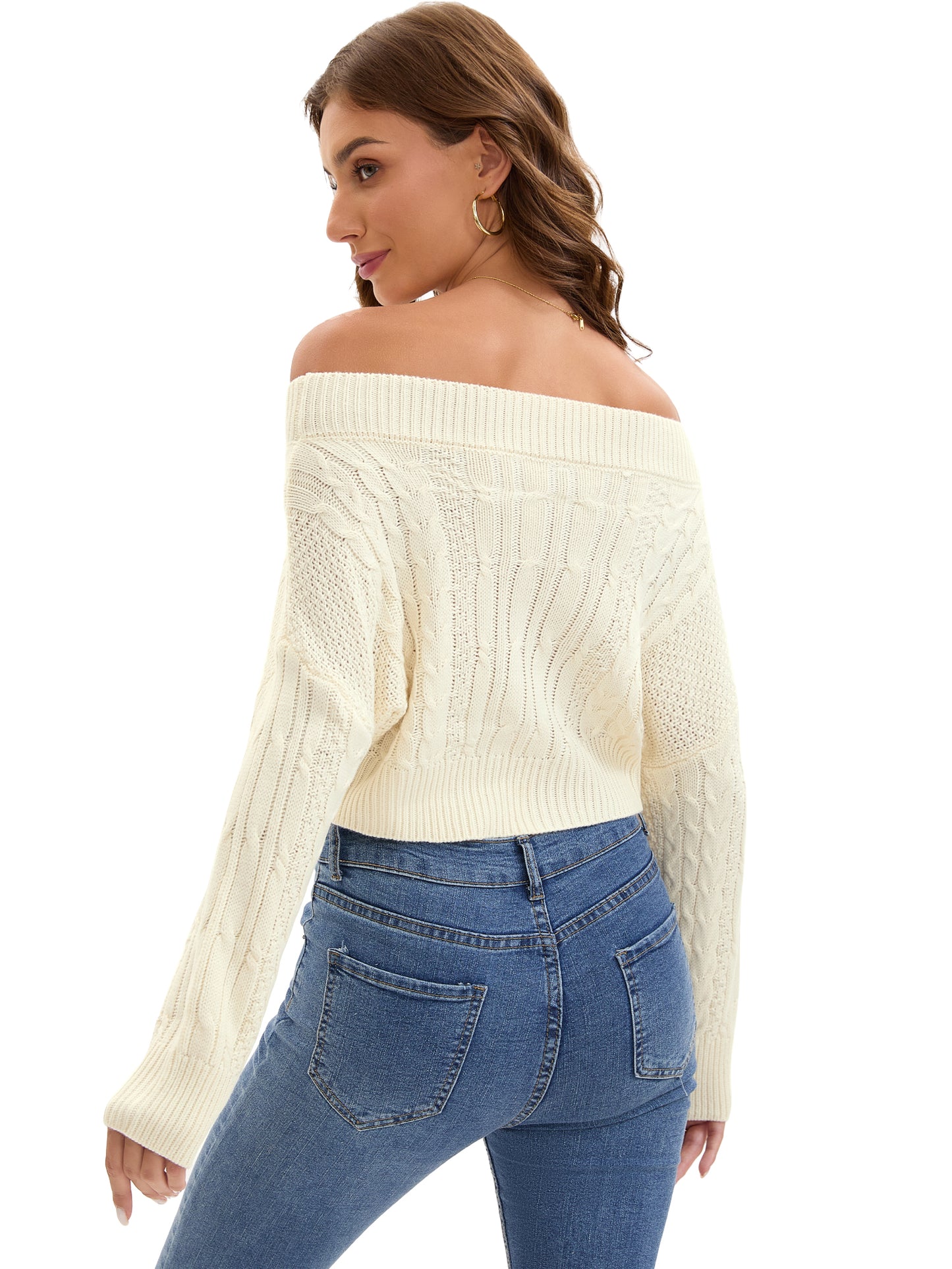 Women Off Shoulder Cropped Batwing Sleeve Knit Pullover Sweater Top