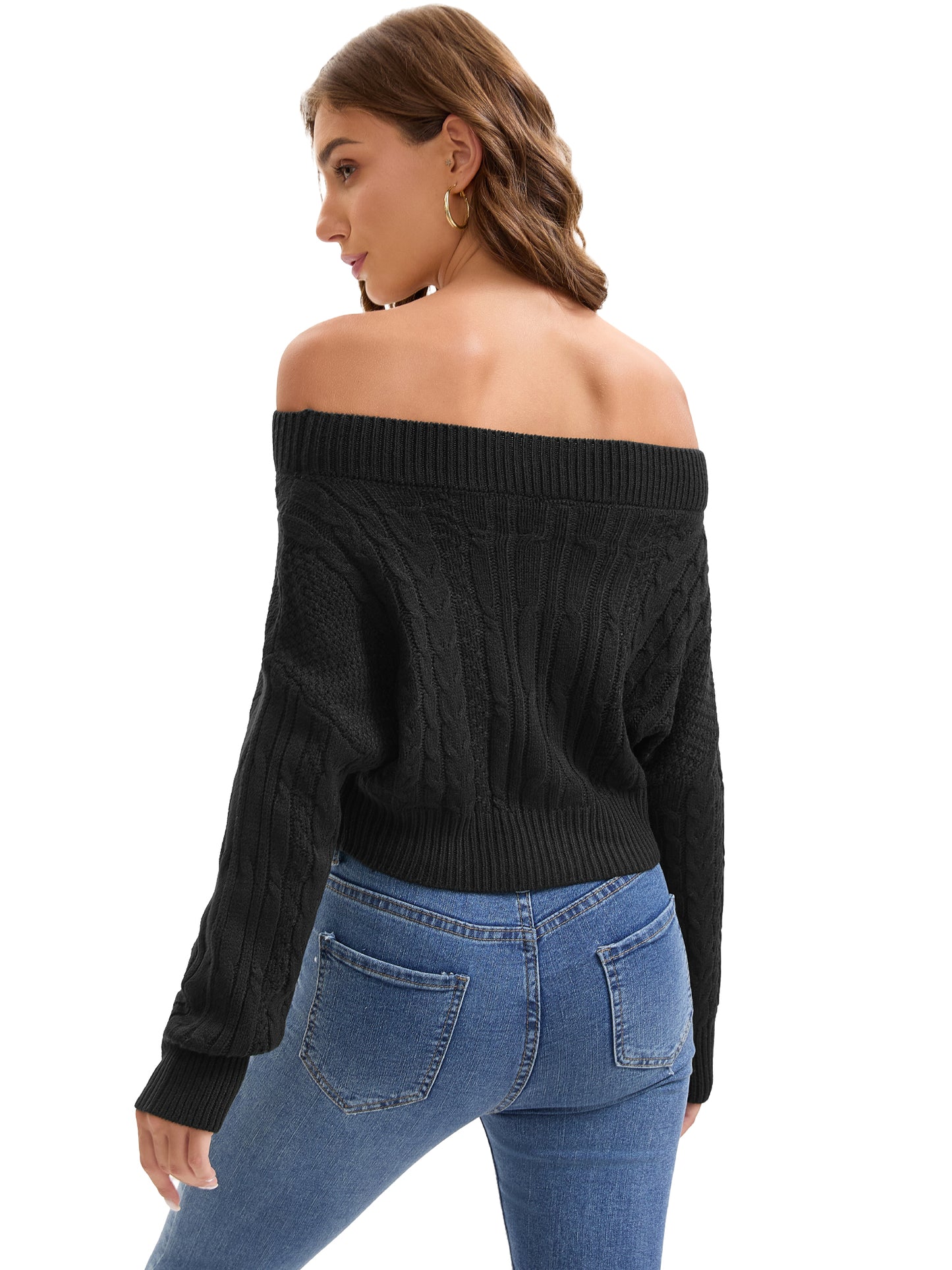 Women Off Shoulder Cropped Batwing Sleeve Knit Pullover Sweater Top