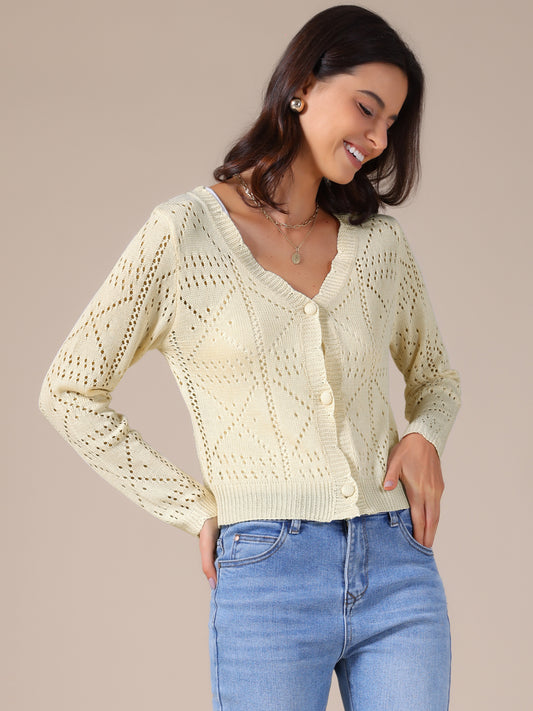 Women's Long Sleeve Button Down Knit Sweater Hollow Out V Neck Cropped Cardigans