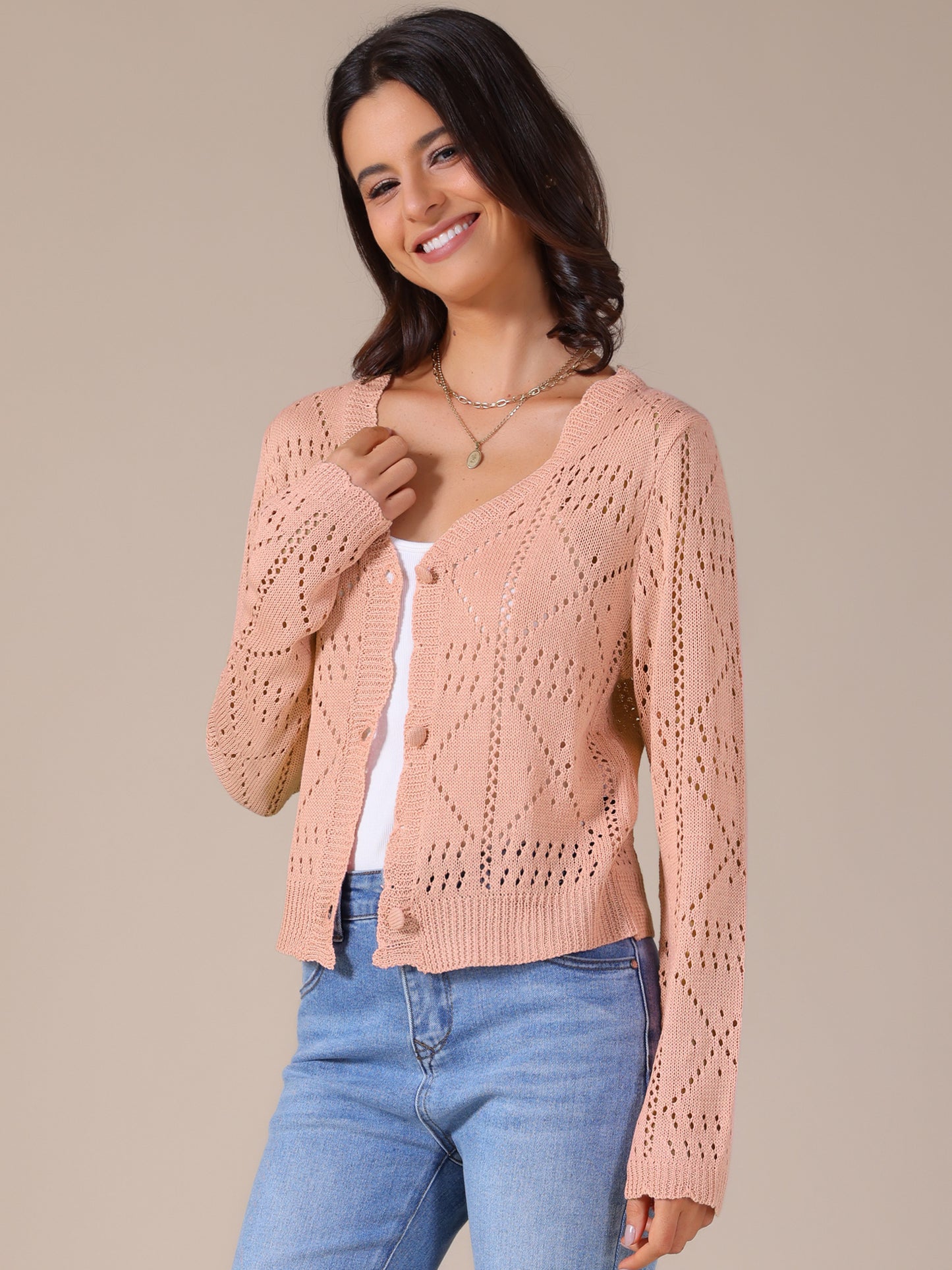 Women's Long Sleeve Button Down Knit Sweater Hollow Out V Neck Cropped Cardigans