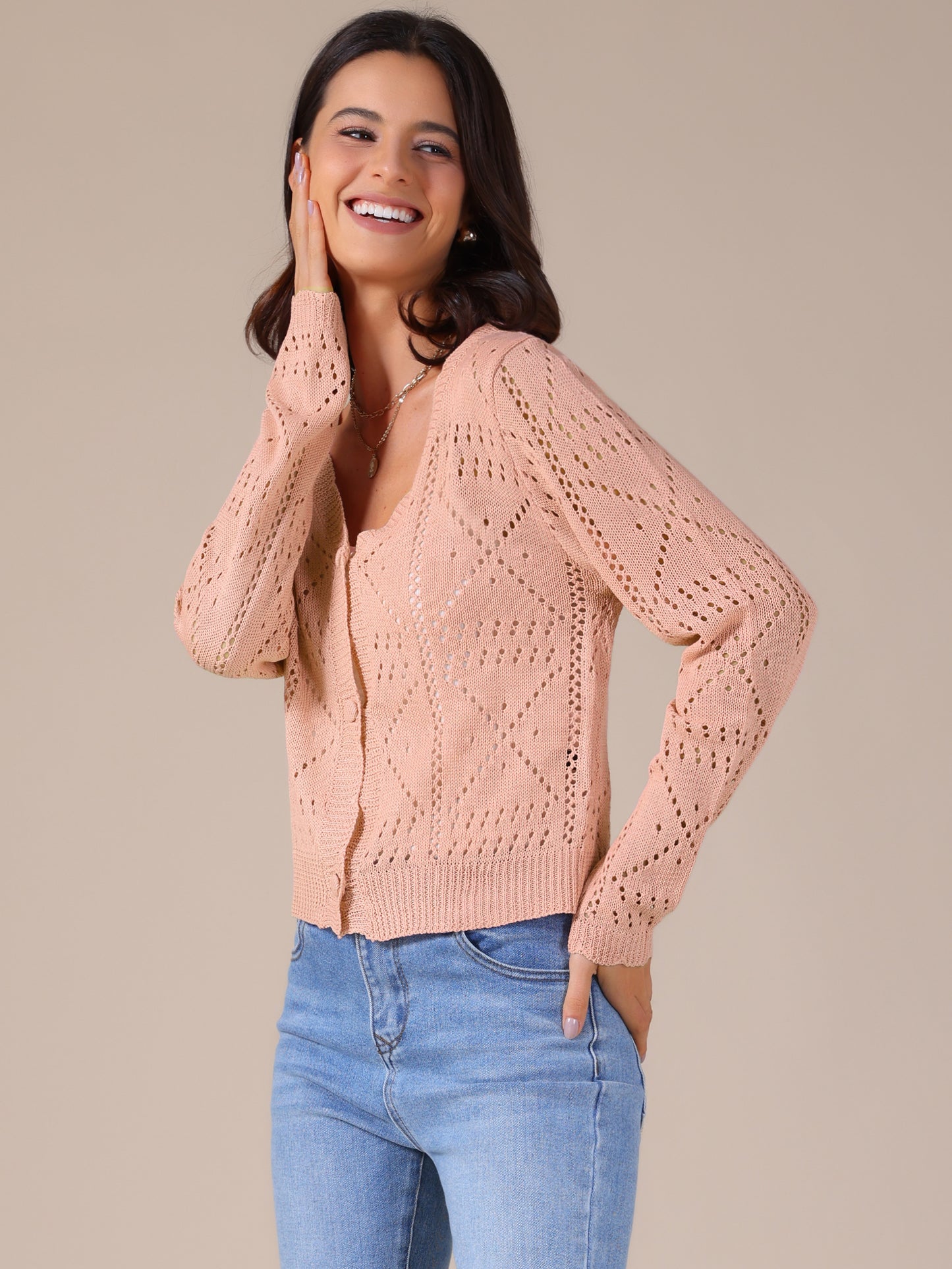 Women's Long Sleeve Button Down Knit Sweater Hollow Out V Neck Cropped Cardigans