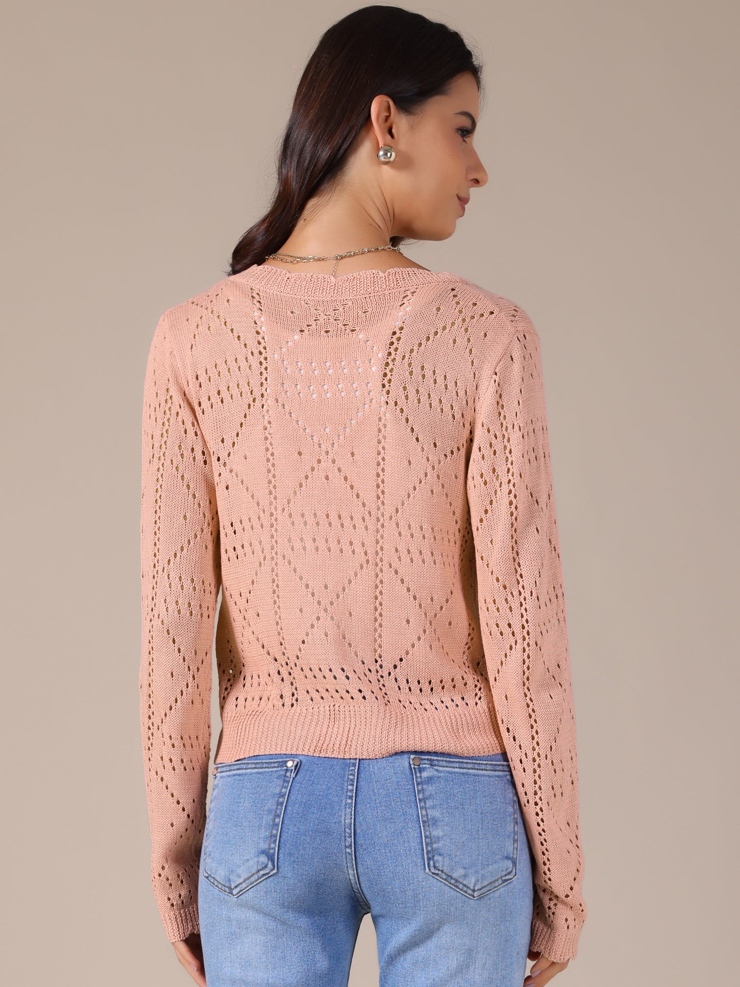 Women's Long Sleeve Button Down Knit Sweater Hollow Out V Neck Cropped Cardigans