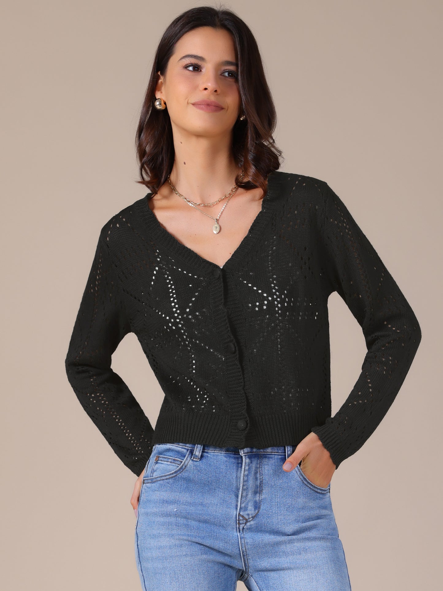 Women's Long Sleeve Button Down Knit Sweater Hollow Out V Neck Cropped Cardigans