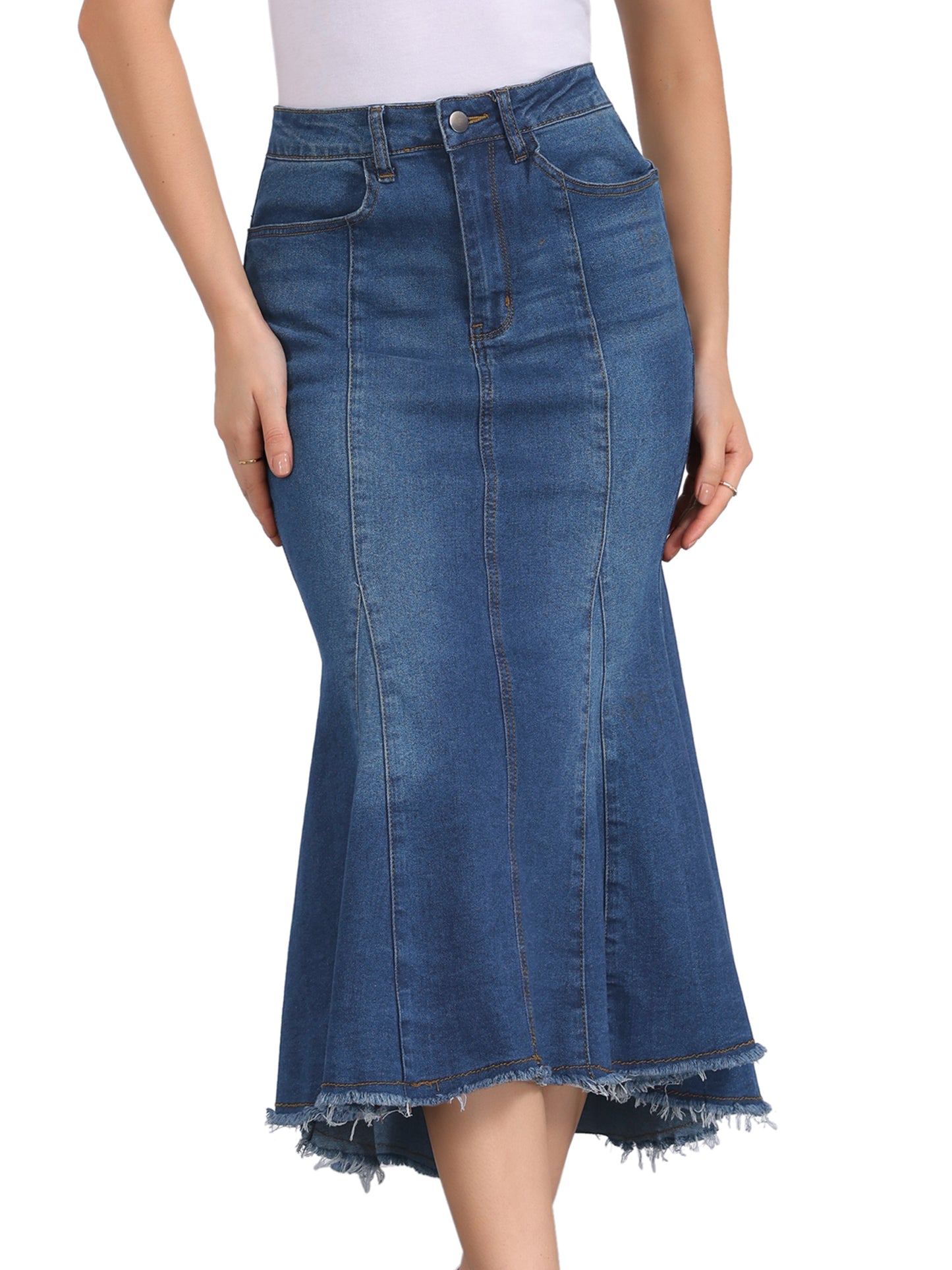 Women's High Waist Raw Hem Midi Washed Fishtail Denim Skirt