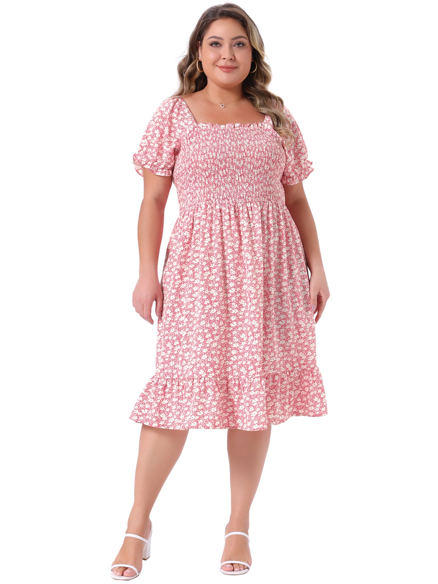 Women Plus Size Dress Ruffle Short Sleeve Flared Flowy Smock Floral Print Dress