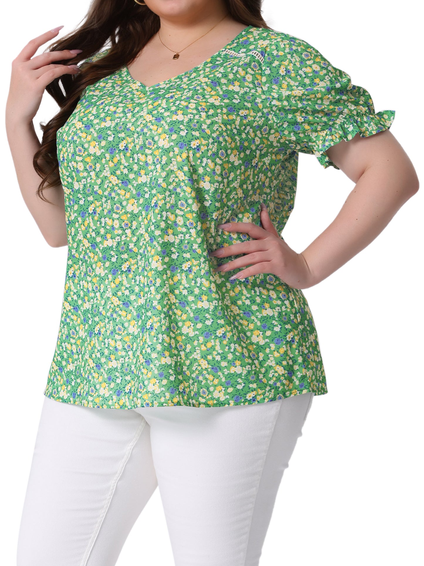 Women's Plus Size V Neck Ruffle Short Sleeve Blouses Floral Top