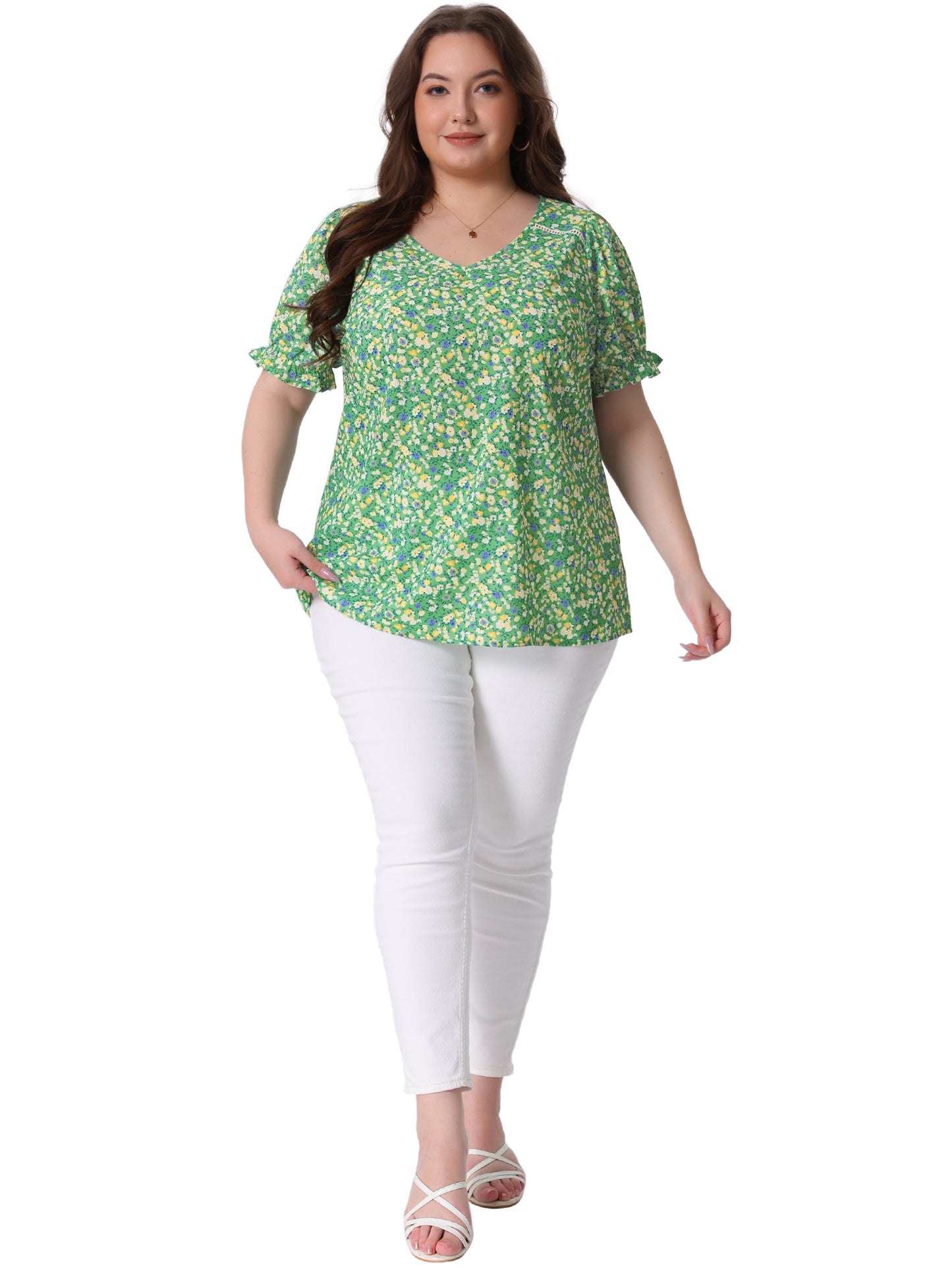 Women's Plus Size V Neck Ruffle Short Sleeve Blouses Floral Top