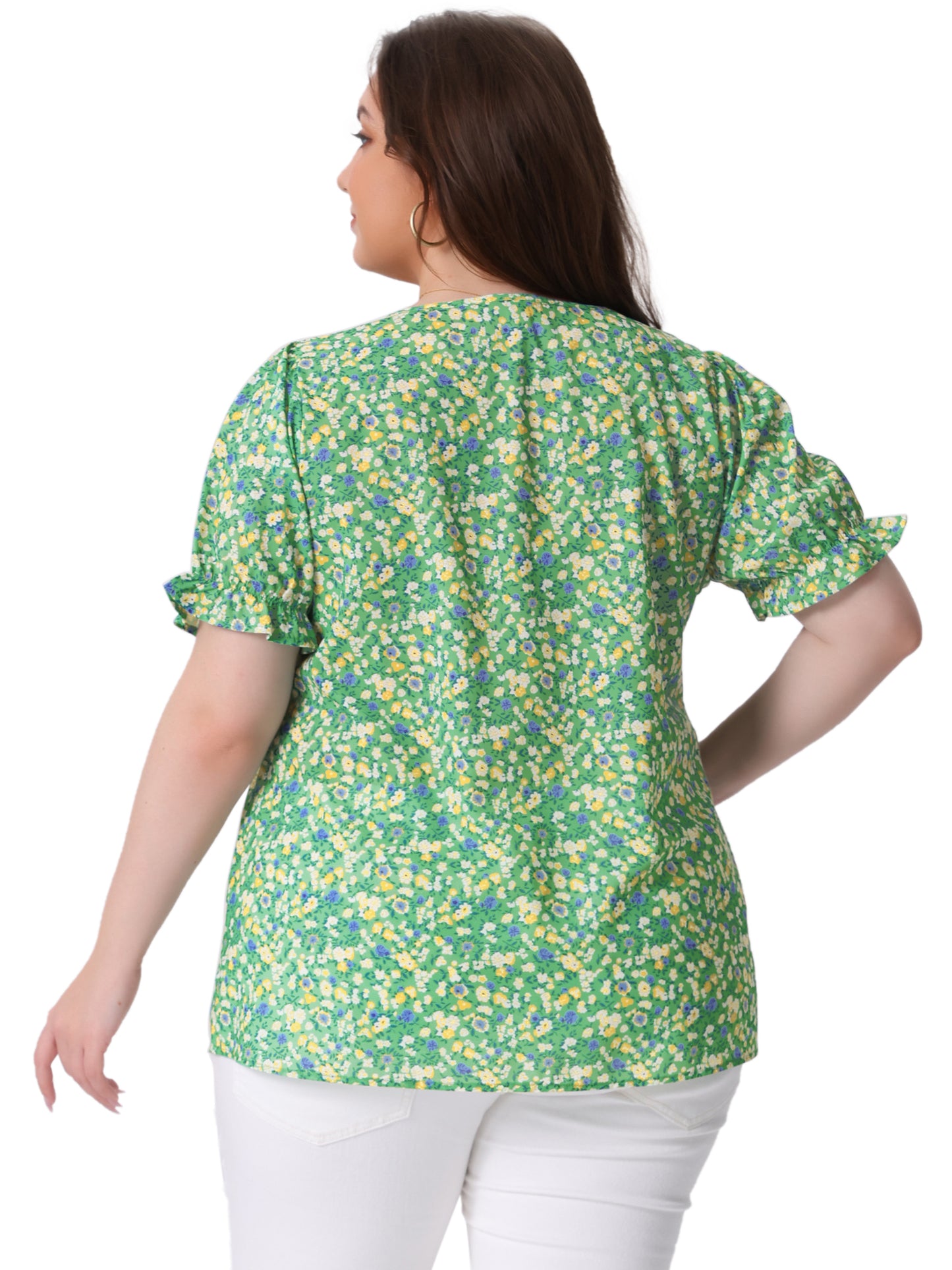 Women's Plus Size V Neck Ruffle Short Sleeve Blouses Floral Top