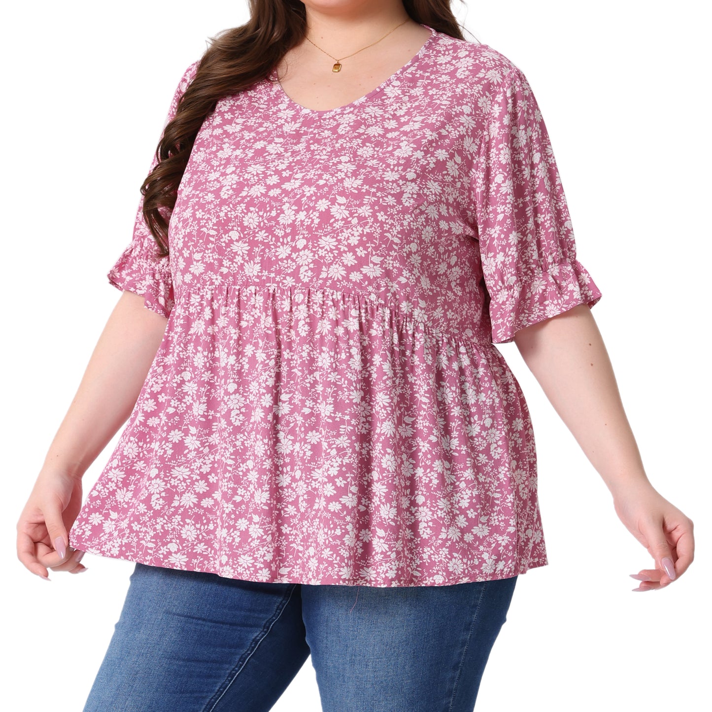 Women's Plus Size Top V Neck Floral Print Ruffle Short Sleeve Tiered Babydoll Blouse