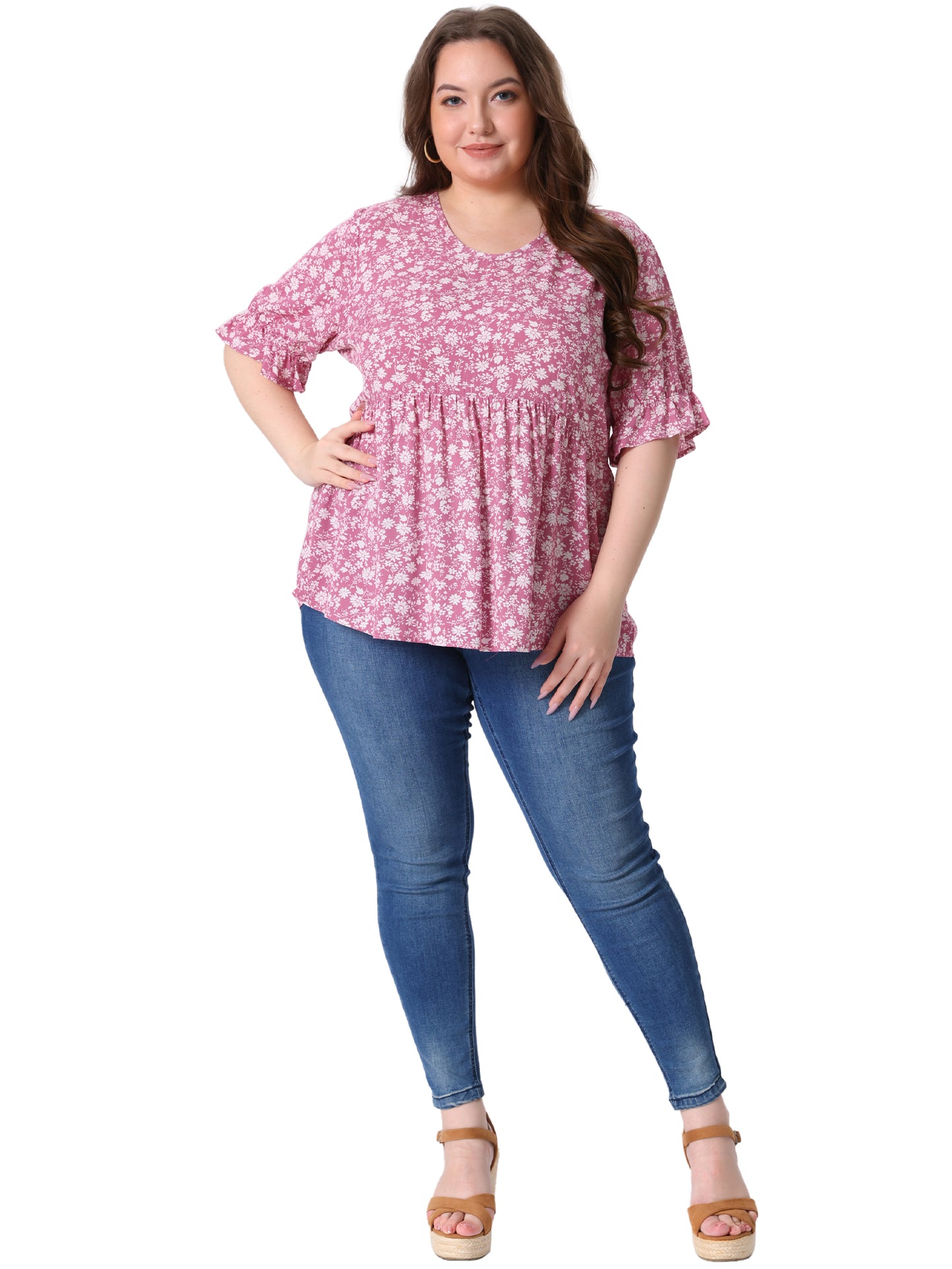 Women's Plus Size Top V Neck Floral Print Ruffle Short Sleeve Tiered Babydoll Blouse