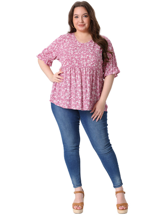 Women's Plus Size Top V Neck Floral Print Ruffle Short Sleeve Tiered Babydoll Blouse