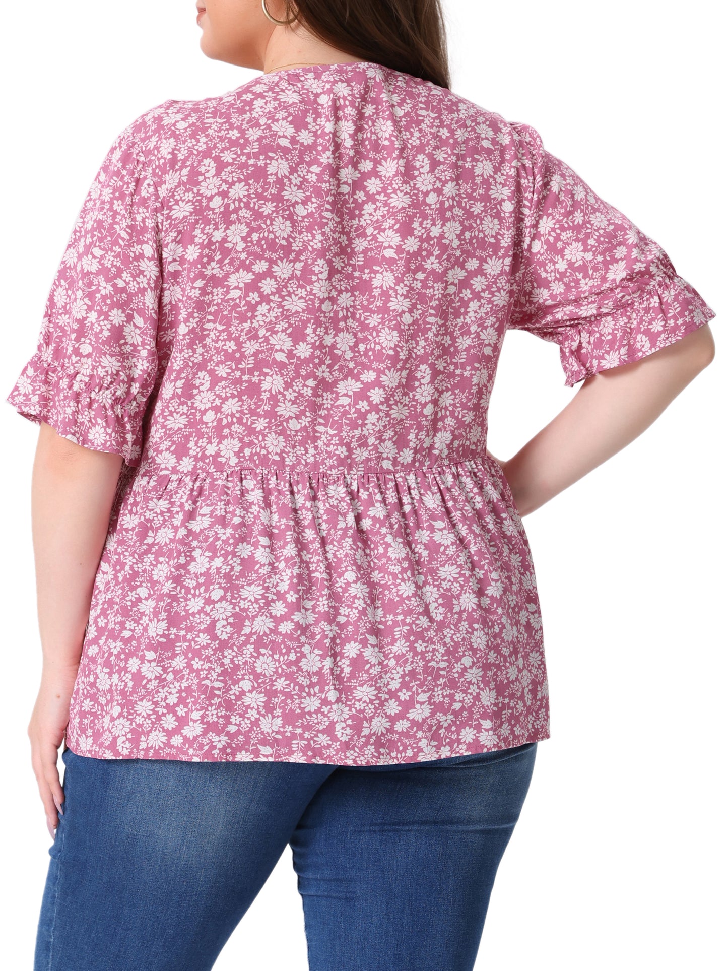 Women's Plus Size Top V Neck Floral Print Ruffle Short Sleeve Tiered Babydoll Blouse