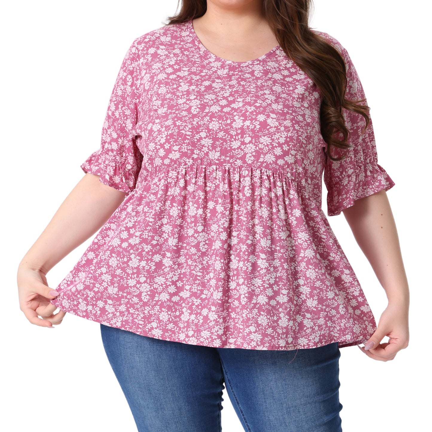 Women's Plus Size Top V Neck Floral Print Ruffle Short Sleeve Tiered Babydoll Blouse