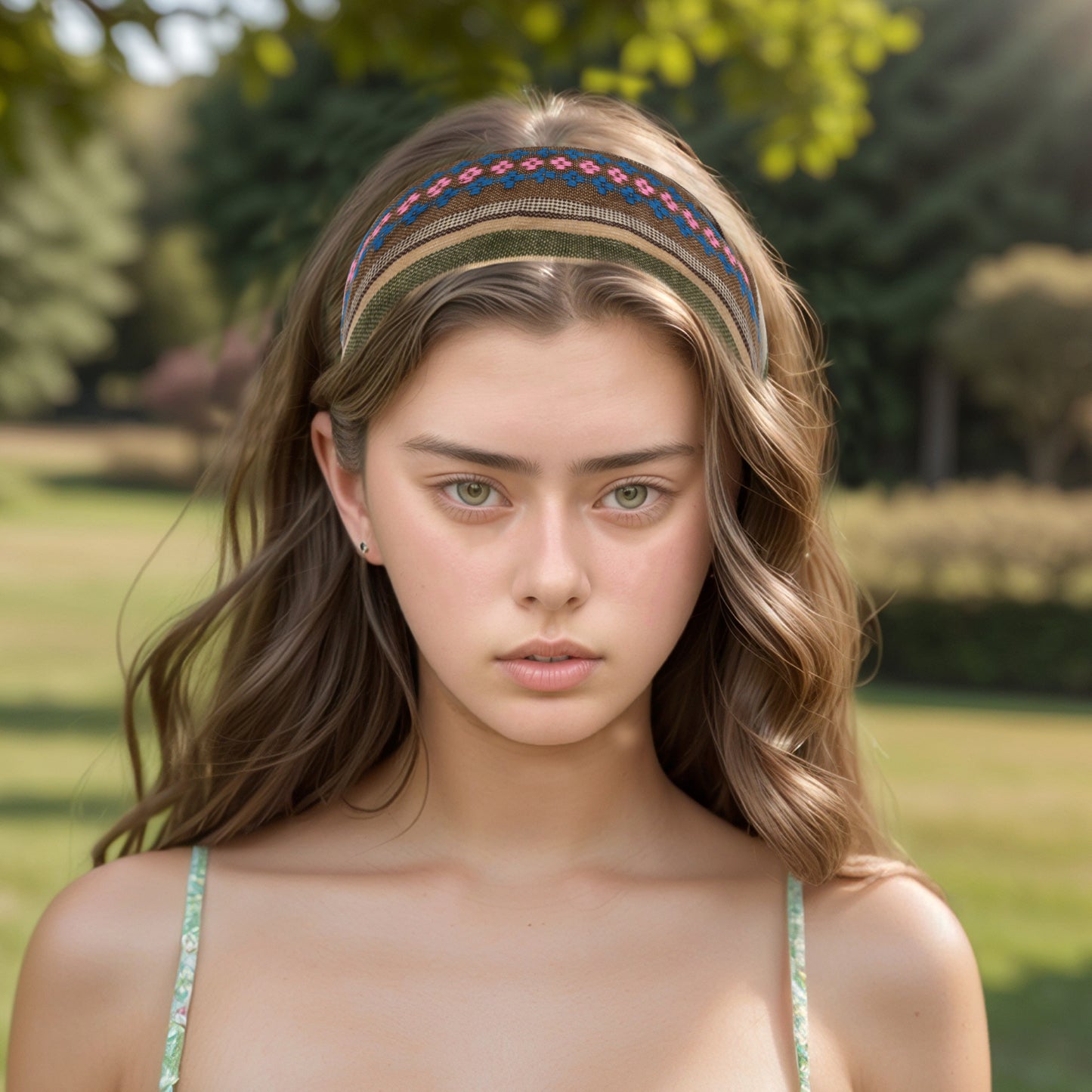 Ethnic Style Ethnic Style Stripes Wide Headband for Women, Brown Green 1 Pc