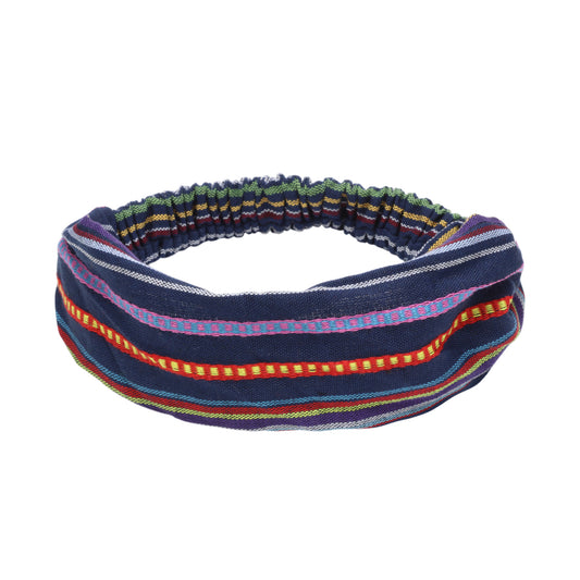 Ethnic Style Stripes Wide Headband for Women, Navy Blue 1 Pc