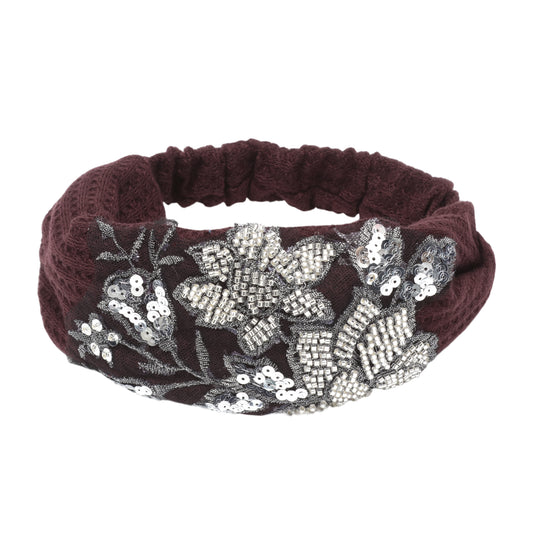 Diadema ancha con estampado de flores de rosa para mujer, tono rojo oscuro y plateado, 1 pieza