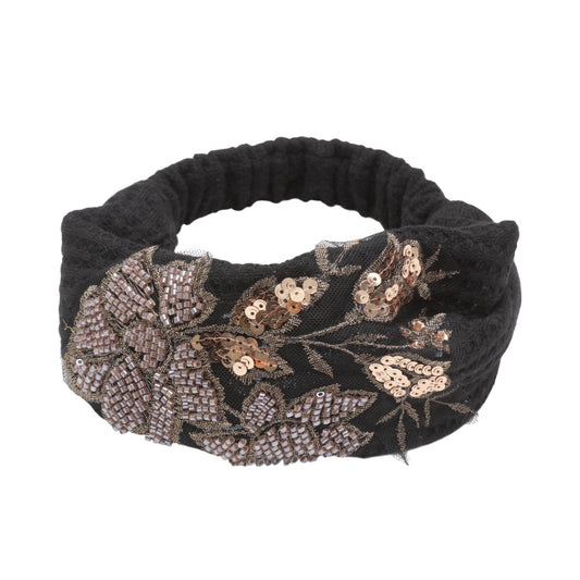 Diadema ancha con estampado de rosas para mujer, tono dorado y negro, 1 pieza