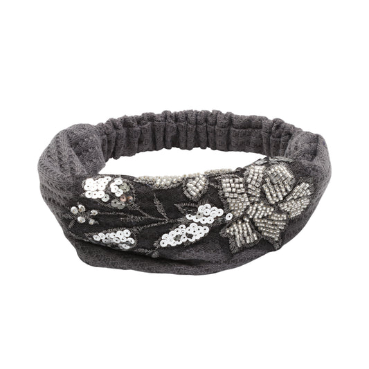Rose Flower Pattern Wide Headband for Women, Gray Silver Tone 1 Pc