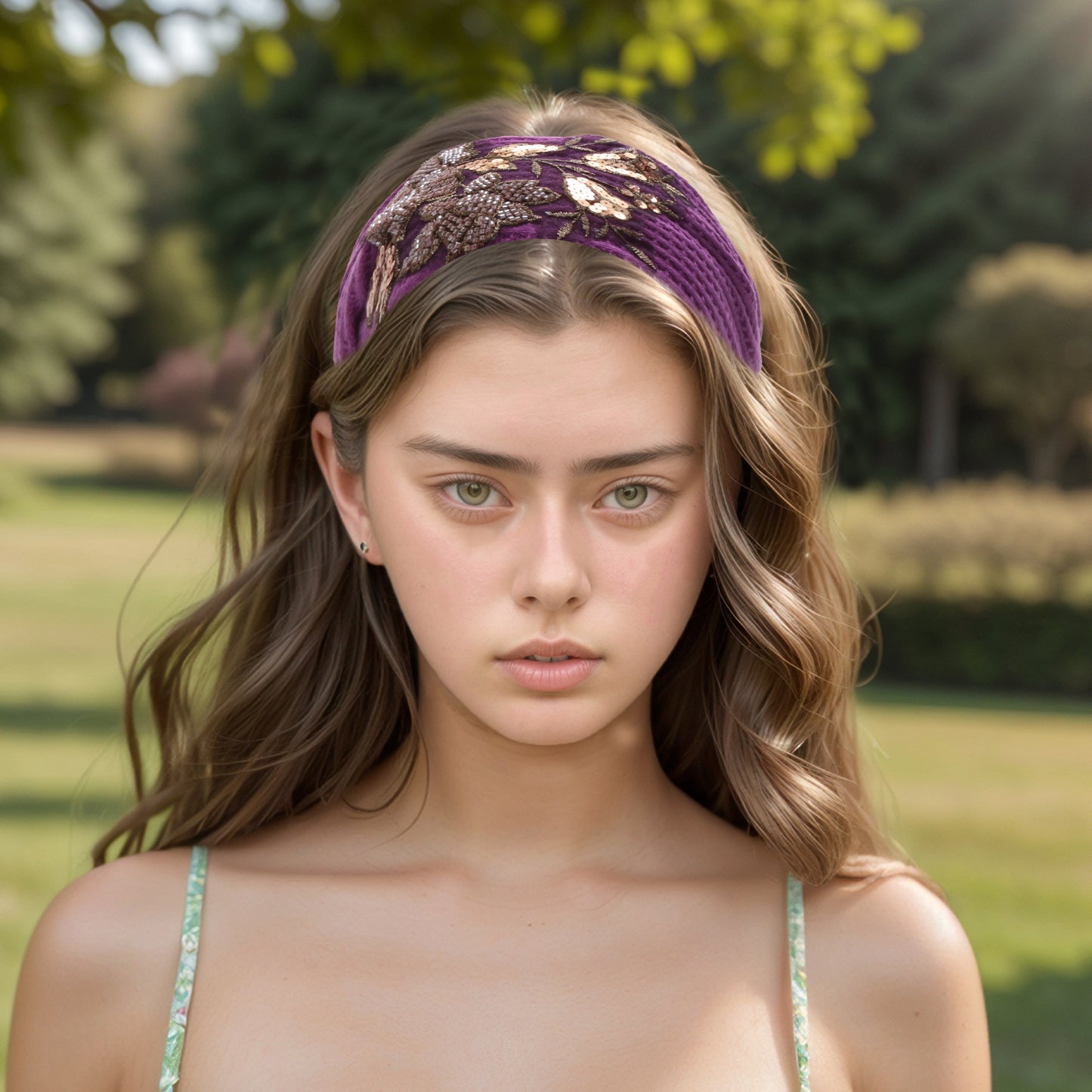 Rose Flower Pattern Wide Headband for Women, Purple Gold Tone 1 Pc