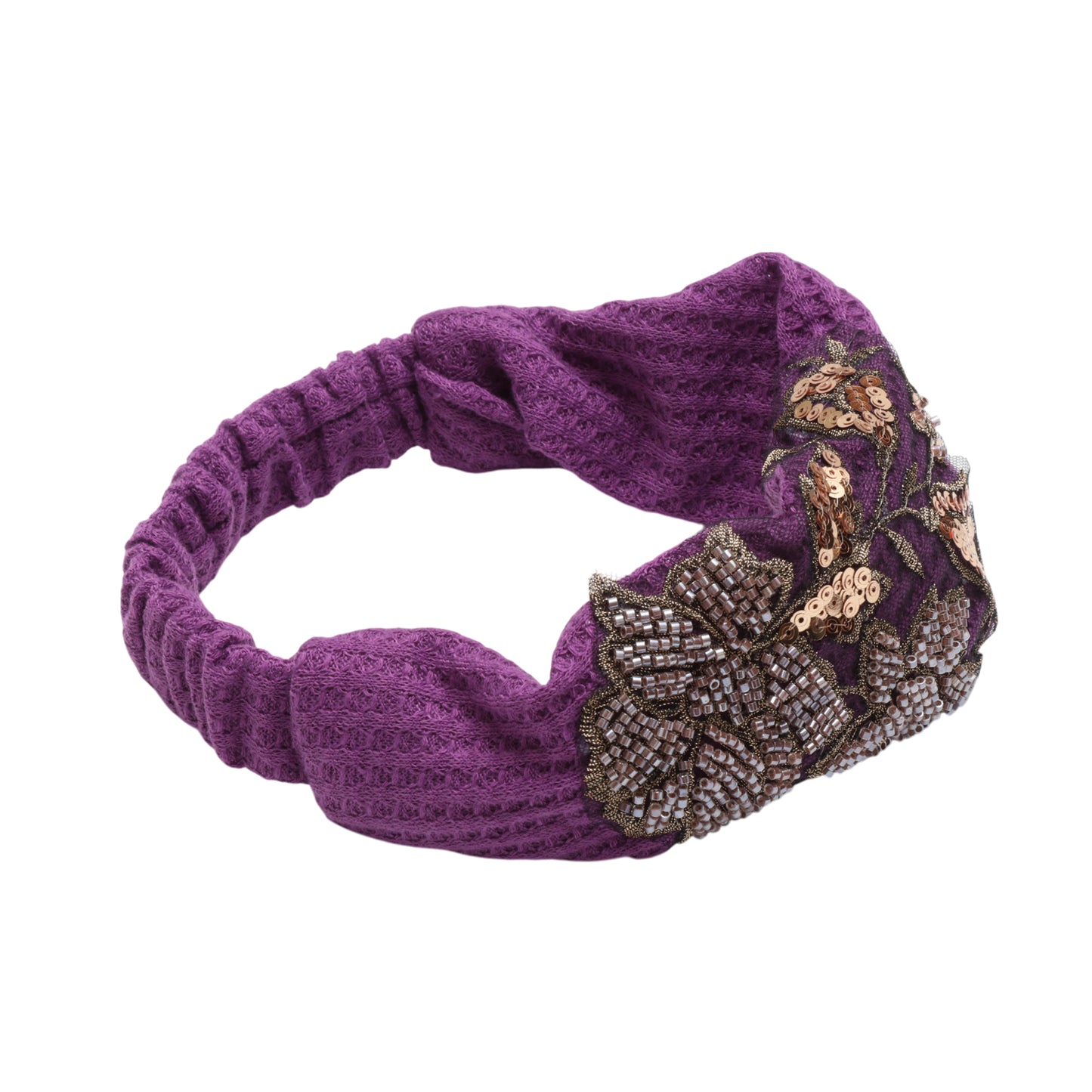 Rose Flower Pattern Wide Headband for Women, Purple Gold Tone 1 Pc