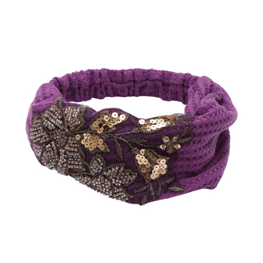 Rose Flower Pattern Wide Headband for Women, Purple Gold Tone 1 Pc