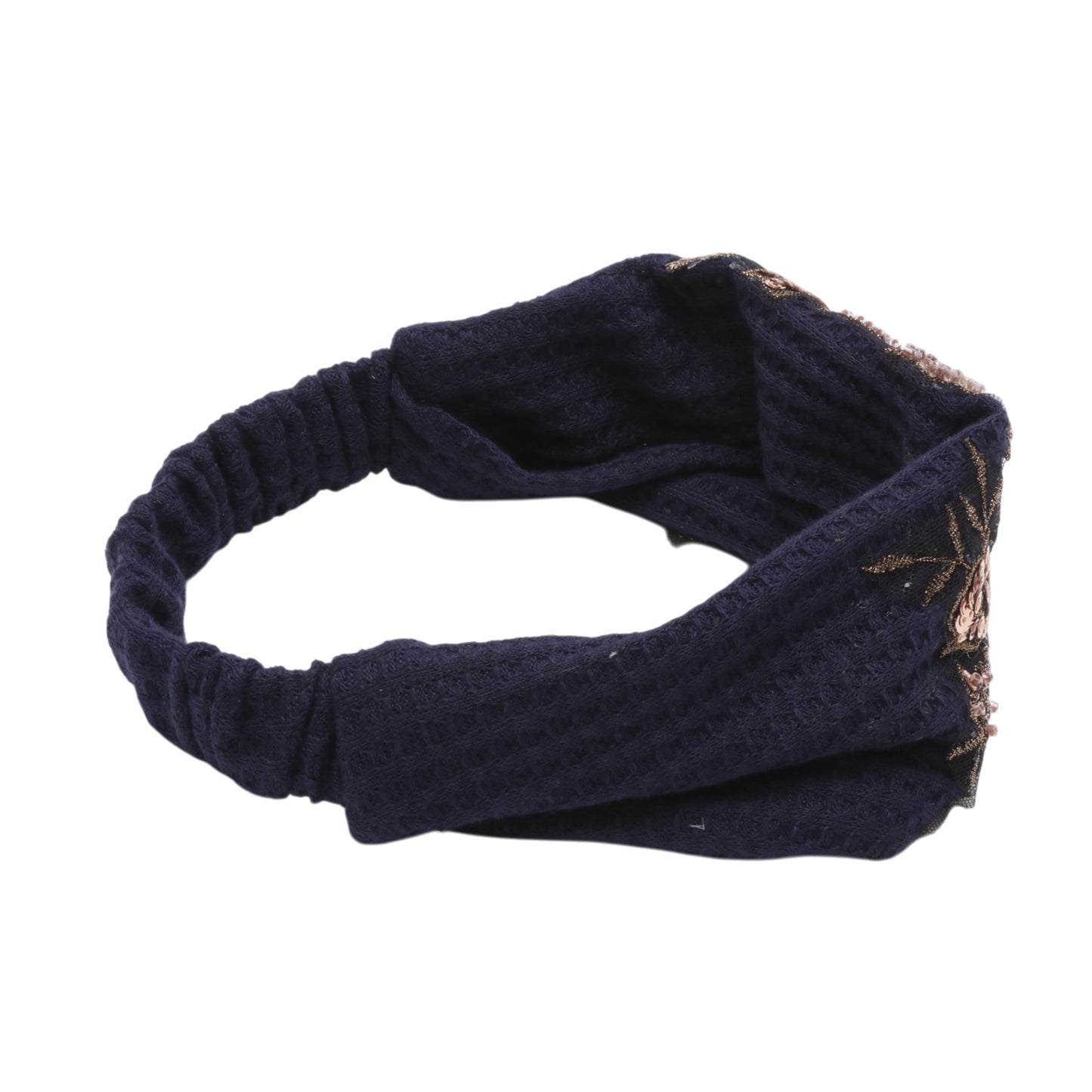 Rose Flower Pattern Wide Headband for Women, Navy Blue Gold Tone 1 Pc