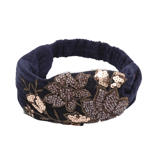 Rose Flower Pattern Wide Headband for Women, Navy Blue Gold Tone 1 Pc